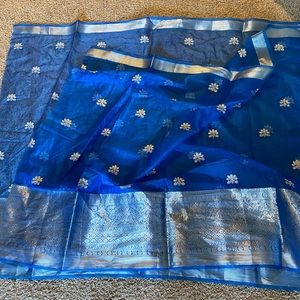 Brand new Royal blue and silver organza saree